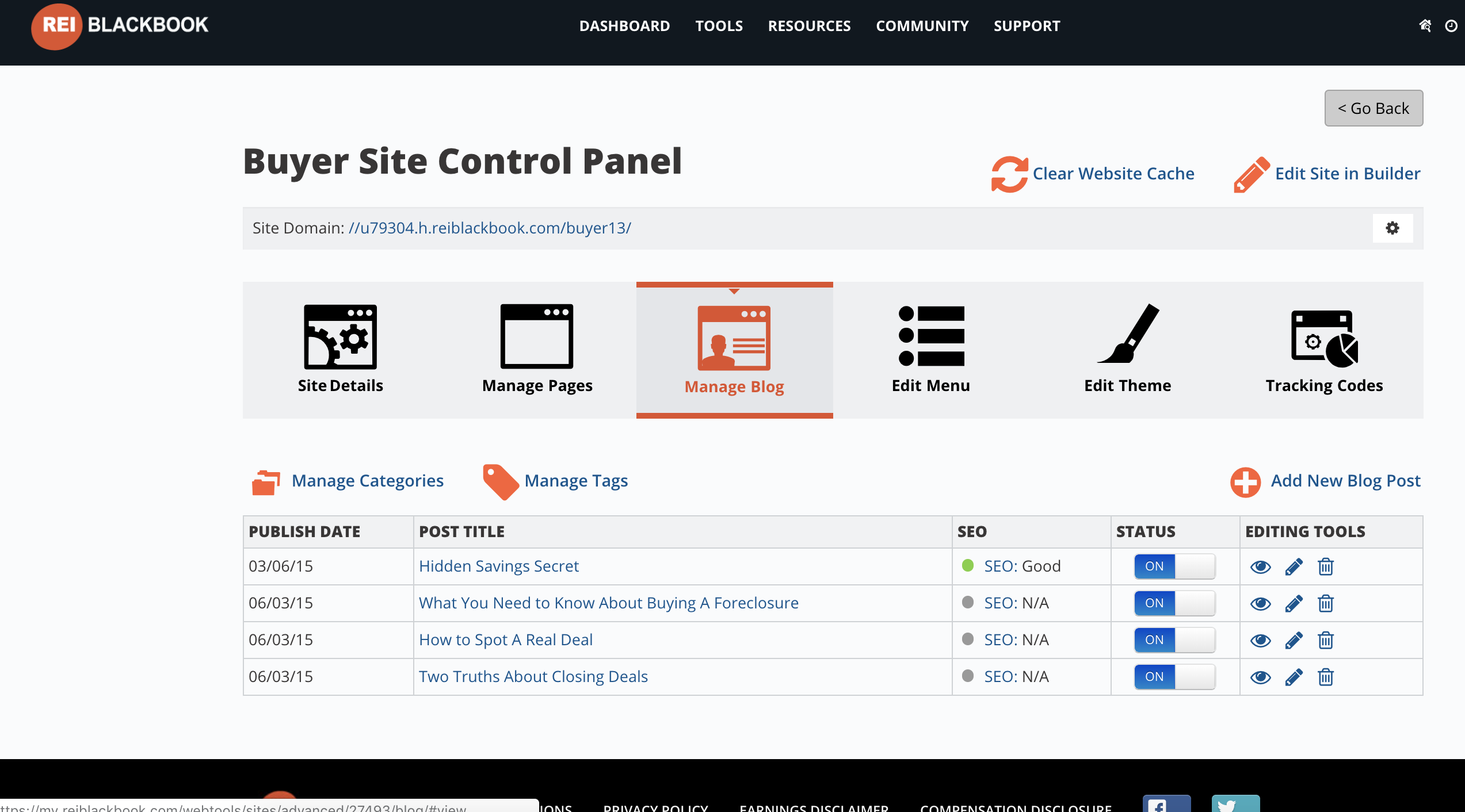 Website Control Panel Overview REI BlackBook